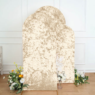 Elevate Your Wedding Decor with Champagne Crushed Velvet Chiara Backdrop Stand Covers