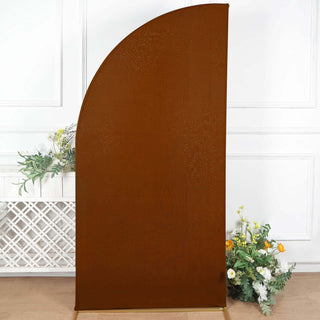 Transform Your Wedding Decor with the 7ft Cinnamon Brown Spandex Half Moon Chiara Backdrop Stand Cover Transform Your Wedding Decor with the 7ft Cinnamon Brown Spandex Half Moon Chiara Backdrop Stand Cover