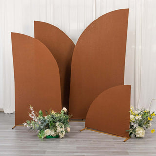 Enhance Your Wedding Decor with Matte Cinnamon Brown Spandex Half Moon Chiara Backdrop Stand Covers Enhance Your Wedding Decor with Matte Cinnamon Brown Spandex Half Moon Chiara Backdrop Stand Covers