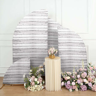 Elevate Your Event with the Captivating Whitewash Rustic Wood Print Spandex Chiara Wedding Arch Covers Elevate Your Event with the Captivating Whitewash Rustic Wood Print Spandex Chiara Wedding Arch Covers