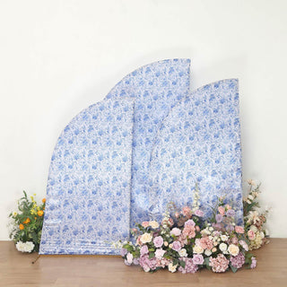 Decorative floral backdrop panels in blue and white, arranged with fresh flowers.