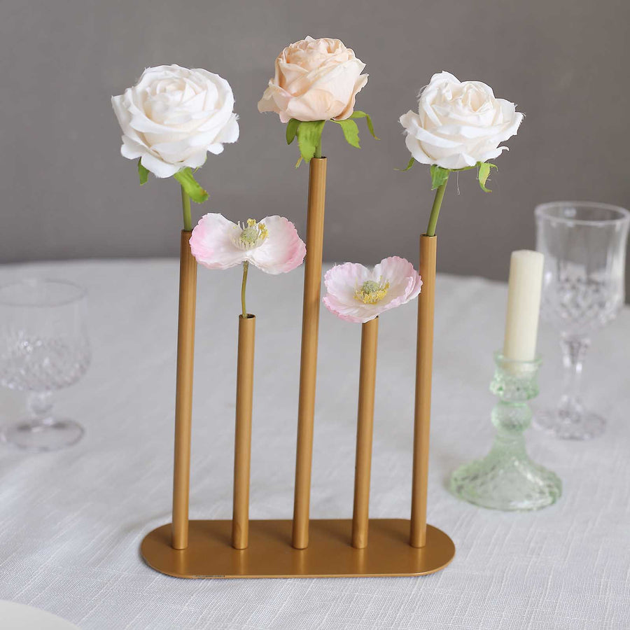 Gold Metal Minimalist Single Stem Flower Vase Centerpiece, 5-Tubes Bud Vase