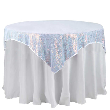 60"x60" Iridescent Blue Duchess Sequin Square Table Overlay, Table Linen Decor