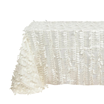 90"x156" Ivory 3D Leaf Petal Taffeta Fabric Seamless Rectangle Tablecloth
