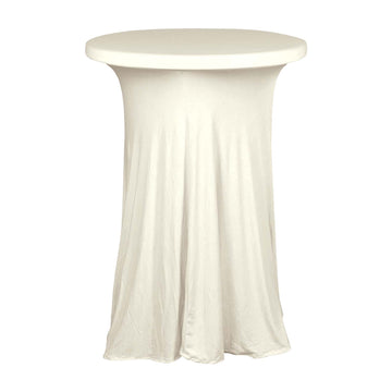 Ivory Round Spandex Cocktail Table Cover With Natural Wavy Drapes