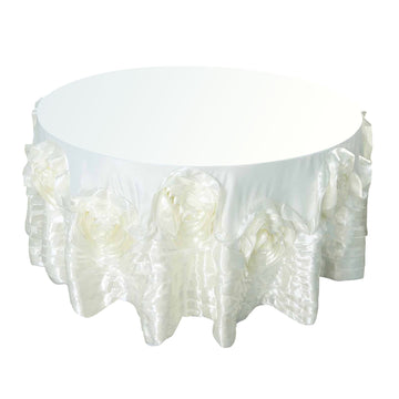 120" Ivory Seamless Large Rosette Round Lamour Satin Tablecloth