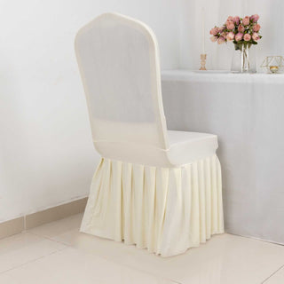 Elevate Your Event with the Ivory 1-Piece Stretch Fitted Ruffle Pleated Skirt Banquet Chair Cover Elevate Your Event with the Ivory 1-Piece Stretch Fitted Ruffle Pleated Skirt Banquet Chair Cover