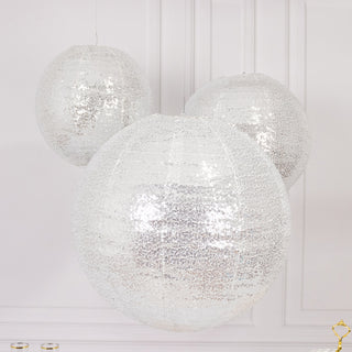 <strong>Sparkling Silver Sequin Fabric Hanging Lanterns</strong> <strong>Sparkling Silver Sequin Fabric Hanging Lanterns</strong>