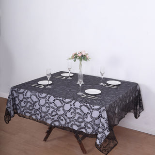 Add Opulence and Allure with the Black Sequin Leaf Embroidered Seamless Tulle Table Overlay