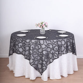 Elevate Your Table Decor with the Black Sequin Leaf Embroidered Table Overlay