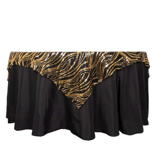 Black Gold Wave Mesh Square Table Overlay With Embroidered Sequins Black Gold Wave Mesh Square Table Overlay With Embroidered Sequins