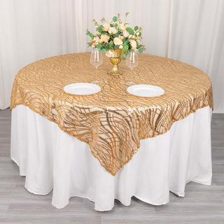 Add a Touch of Elegance with the Gold Wave Mesh Square Table Overlay Add a Touch of Elegance with the Gold Wave Mesh Square Table Overlay