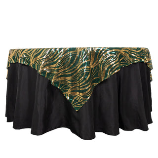 Transform Your Event with the Hunter Emerald Green Gold Wave Mesh Square Table Overlay