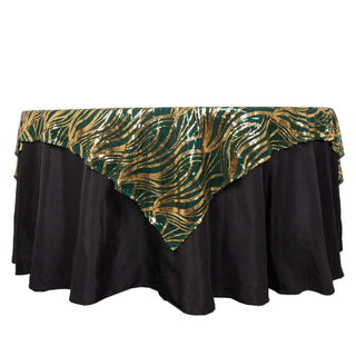 Transform Your Event with the Hunter Emerald Green Gold Wave Mesh Square Table Overlay Transform Your Event with the Hunter Emerald Green Gold Wave Mesh Square Table Overlay