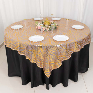Add a Touch of Luxury with the Rose Gold Wave Mesh Square Table Overlay Add a Touch of Luxury with the Rose Gold Wave Mesh Square Table Overlay