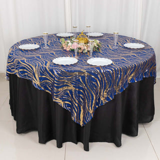 Add a Touch of Luxury with the Royal Blue Gold Wave Mesh Square Table Overlay Add a Touch of Luxury with the Royal Blue Gold Wave Mesh Square Table Overlay