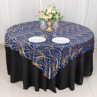 Elevate Your Event with the Royal Blue Gold Wave Mesh Square Table Overlay Elevate Your Event with the Royal Blue Gold Wave Mesh Square Table Overlay