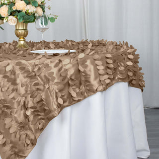Elegant brown tablecloth with leaf appliqués, styled for a sophisticated setting.