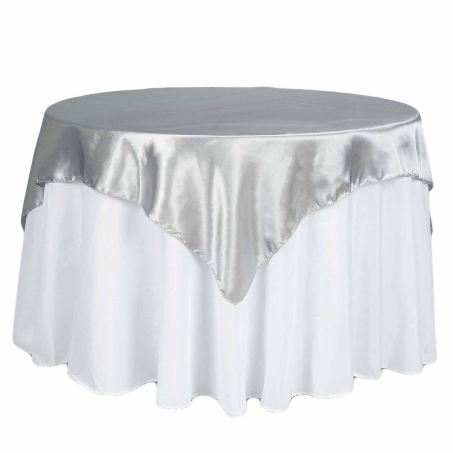 72" x 72" Silver Seamless Satin Square Tablecloth Overlay#whtbkgd