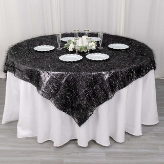 Black Metallic Fringe Shag Tinsel Square Polyester Table Overlay Black Metallic Fringe Shag Tinsel Square Polyester Table Overlay