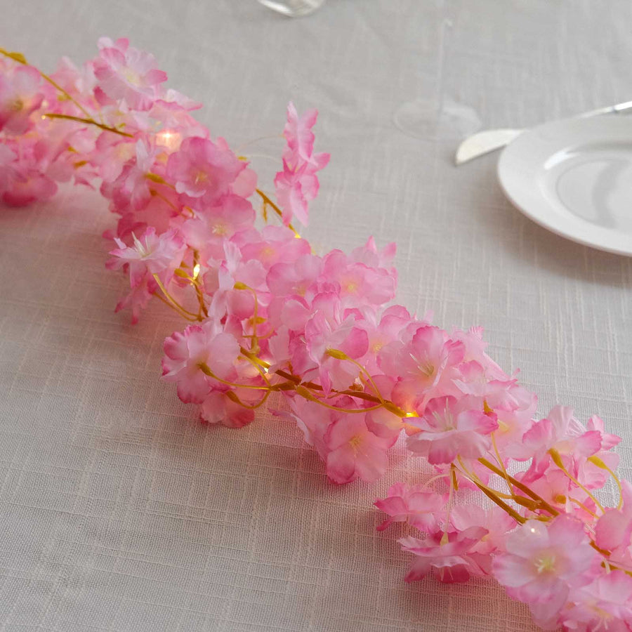 Pink Artificial Cherry Blossom Garland LED String Lights, 20 LEDs Battery Operated