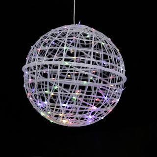 White globe pendant light with colorful LED accents.