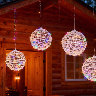 Colorful decorative hanging light globes for outdoor spaces.