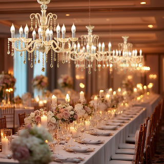 Elegant chandelier lighting above a beautifully set dining table with floral arrangements.