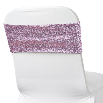 5 Pack Lavender Lilac 6"x15" Sequin Spandex Chair Sashes, Stretch Fitted Chair Sashes