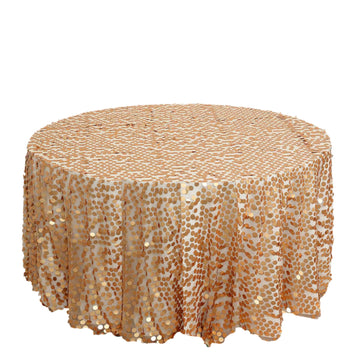 120" Matte Champagne Seamless Big Payette Sequin Round Tablecloth Premium Collection