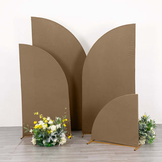 Enhance Your Wedding Arch with Matte Taupe Spandex Half Moon Chiara Backdrop Stand Covers Enhance Your Wedding Arch with Matte Taupe Spandex Half Moon Chiara Backdrop Stand Covers