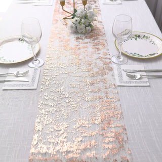 Add a Touch of Elegance with the Metallic Rose Gold Foil Thin Mesh Polyester Table Runner Add a Touch of Elegance with the Metallic Rose Gold Foil Thin Mesh Polyester Table Runner