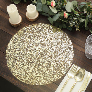 10 Pack 13" Metallic Gold Sequin Mesh Table Placemats, Round Sparkly Dust Free Sequin Dining Mats