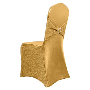 Metallic Gold Shimmer Tinsel Spandex Banquet Chair Cover With Attached Sash Band and Round Silver Rhinestone Buckle