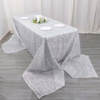 Create a Luxurious Atmosphere with the Metallic Silver Premium Tinsel Shag Rectangular Tablecloth Create a Luxurious Atmosphere with the Metallic Silver Premium Tinsel Shag Rectangular Tablecloth