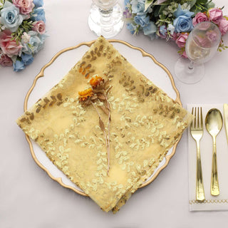 Experience Luxury and Glamour with Sparkly Gold Leaf Vine Embroidered Sequin Tulle Cloth Dinner Napkins Experience Luxury and Glamour with Sparkly Gold Leaf Vine Embroidered Sequin Tulle Cloth Dinner Napkins