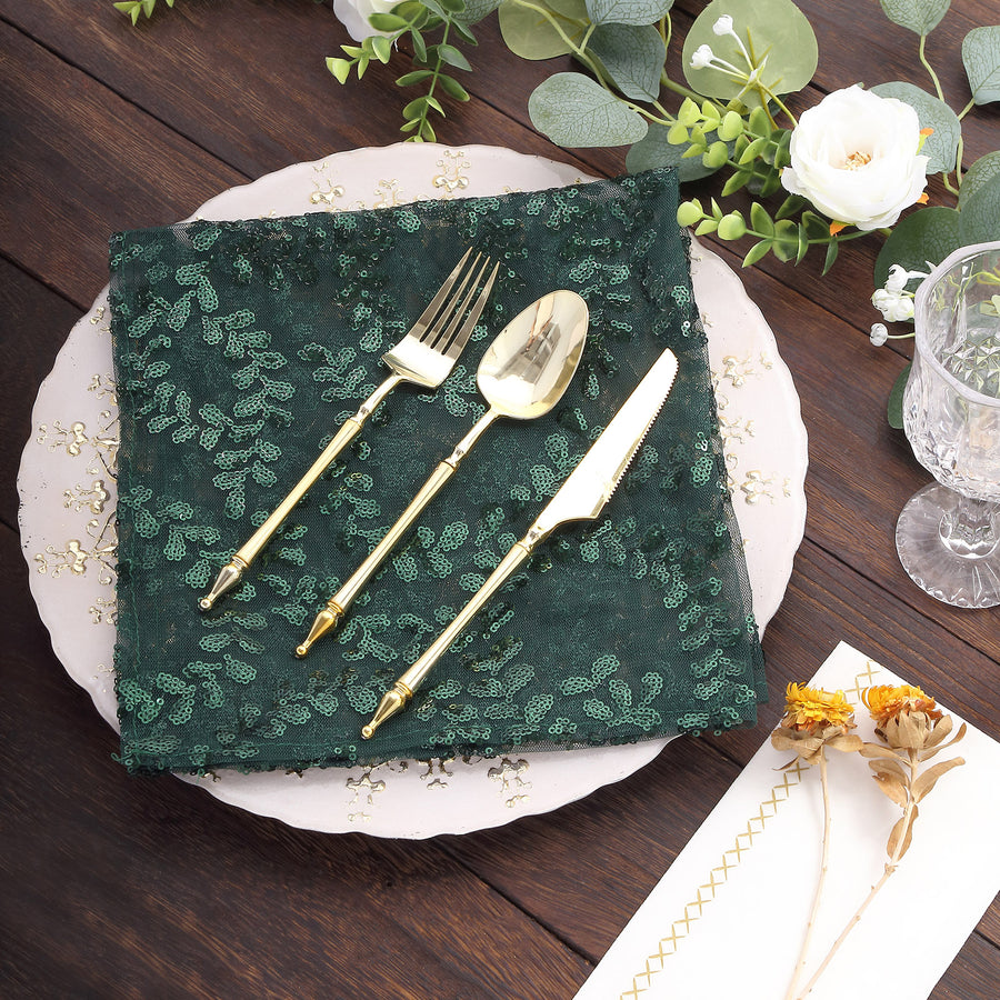 Sparkly Hunter Emerald Green Leaf Vine Embroidered Sequin Tulle Cloth Dinner Napkins