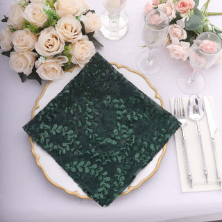 Sparkly Hunter Emerald Green Leaf Vine Embroidered Sequin Tulle Cloth Dinner Napkins Sparkly Hunter Emerald Green Leaf Vine Embroidered Sequin Tulle Cloth Dinner Napkins