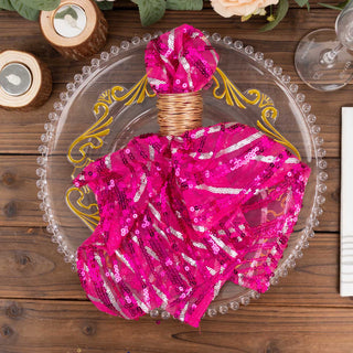 Elevate Your Table Setting with Fuchsia Silver Wave Embroidered Sequin Mesh Dinner Napkins