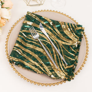 Unleash the Beauty of Hunter Emerald Green Gold Wave Embroidered Sequin Dinner Napkin