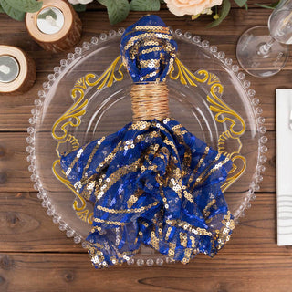 Elevate Your Dining Experience with Royal Blue Gold Wave Embroidered Sequin Mesh Dinner Napkin Elevate Your Dining Experience with Royal Blue Gold Wave Embroidered Sequin Mesh Dinner Napkin