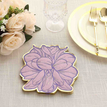 20 Pack Purple Peony Flower Shaped Paper Cocktail Napkins with Gold Edges, Disposable Party Beverage Napkins