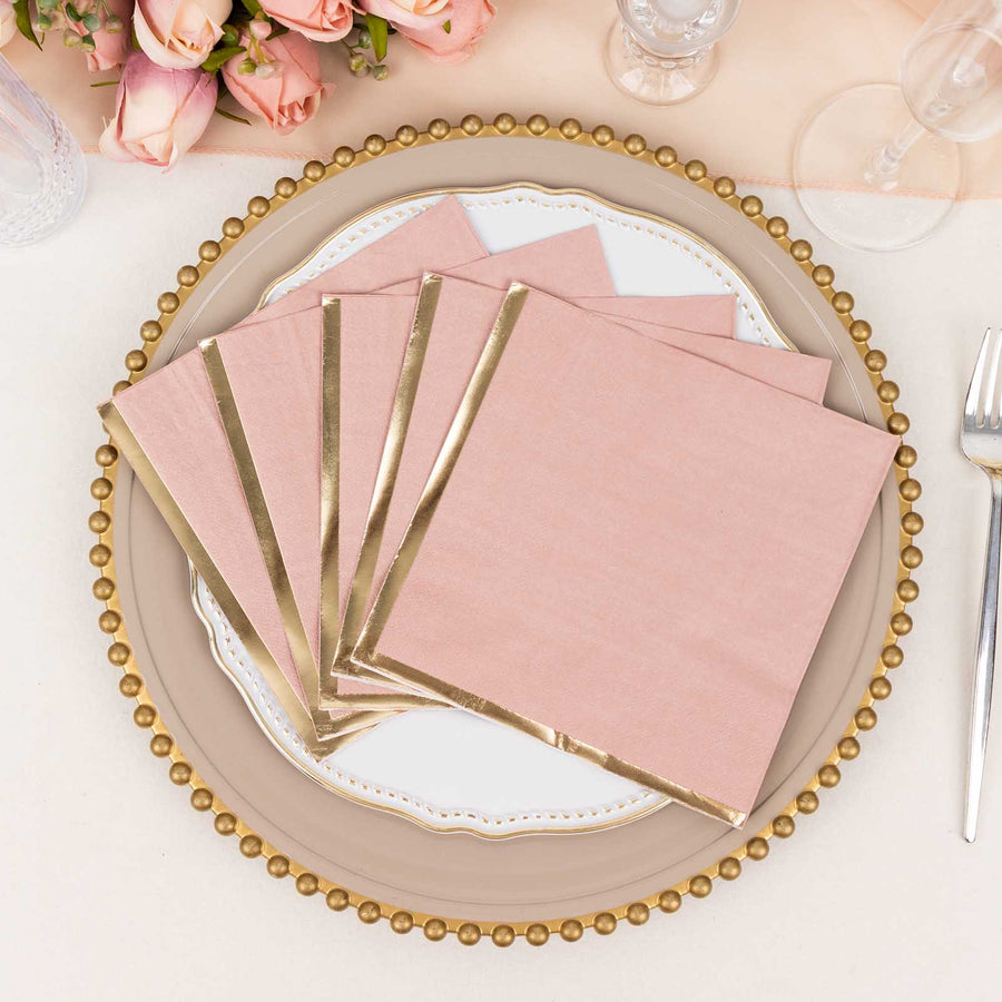 50 Pack Soft Dusty Rose 2 Ply Disposable Cocktail Napkins with Gold Foil Edge, Disposable Paper