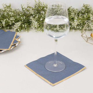 Dusty Blue Soft 2 Ply Disposable Cocktail Napkins with Gold Foil Edge