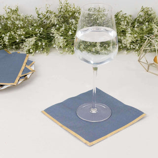 Dusty Blue Soft 2 Ply Disposable Cocktail Napkins with Gold Foil Edge Dusty Blue Soft 2 Ply Disposable Cocktail Napkins with Gold Foil Edge
