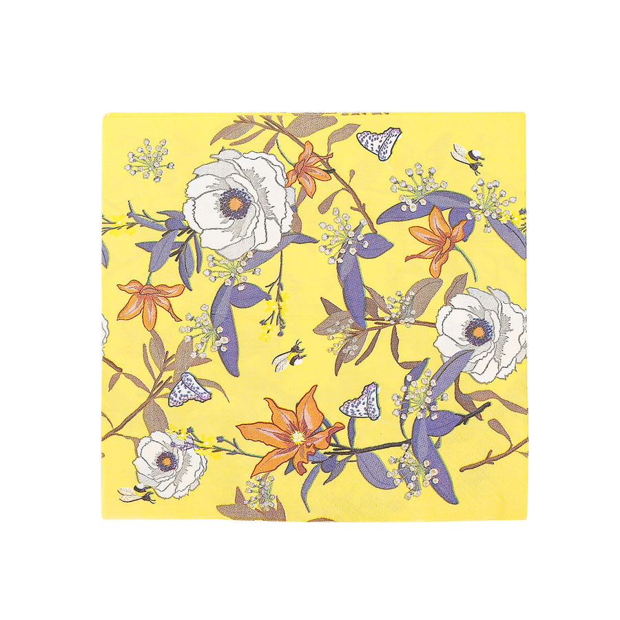 20 Pack Bright Yellow Botanical Floral Paper Cocktail Napkins, Blooming Flowers#whtbkgd