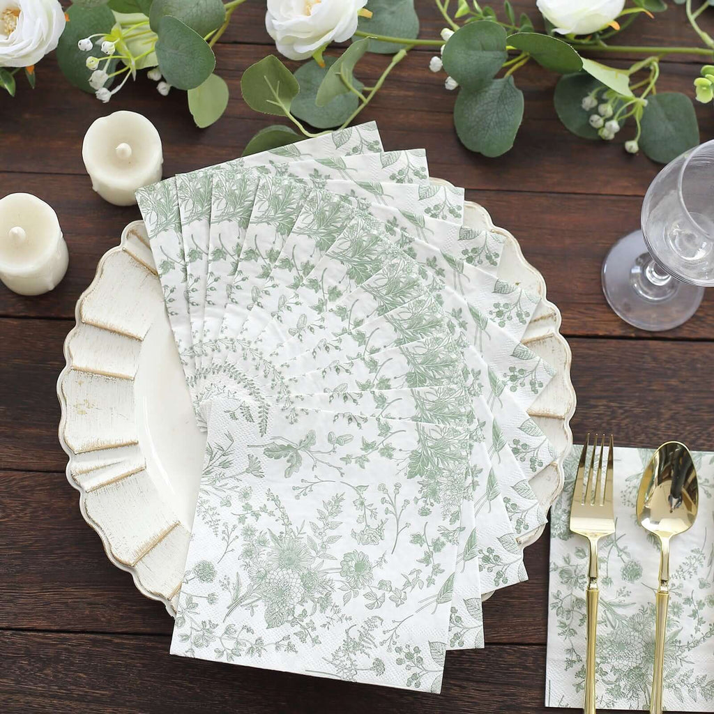 20Pack White Sage Green French Toile Napkins