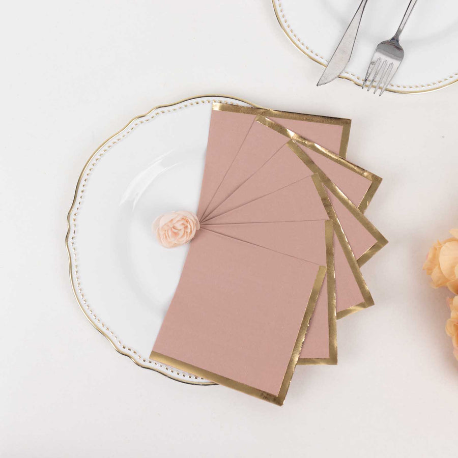 50 Pack Dusty Rose Disposable Cocktail Napkins with Gold Foil Edge