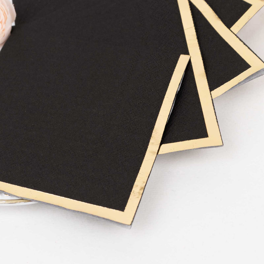 50 Pack Black  Disposable Cocktail Napkins with Gold Foil Edge