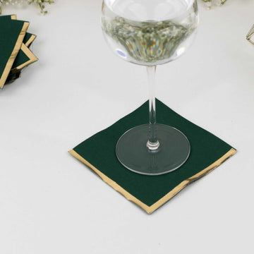 50 Pack Hunter Emerald Green Disposable Cocktail Napkins with Gold Foil Edge, Soft 2 Ply Paper Beverage Napkins - 5"x5"